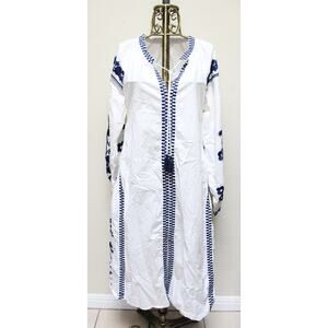 Julia Amory Coatue Caftan White Blue Embroidered Floral Tassel Maxi Dress Small